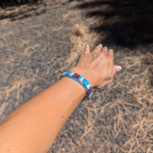 Native American Multi‎ Stones Cuff Bracelet Sterling Silver Signed Sz 6.5 in. ** - Picture 8 of 12